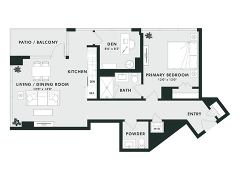 Floor plan for 1 bed, 1.5 baths, 897 sqft